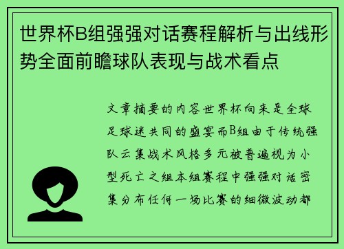 世界杯B组强强对话赛程解析与出线形势全面前瞻球队表现与战术看点