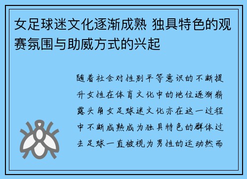 女足球迷文化逐渐成熟 独具特色的观赛氛围与助威方式的兴起