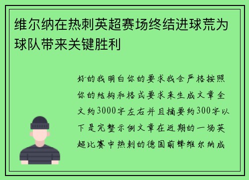 维尔纳在热刺英超赛场终结进球荒为球队带来关键胜利
