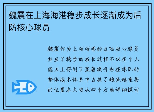 魏震在上海海港稳步成长逐渐成为后防核心球员 魏震在上海海港稳步成长逐渐成为后防核心球员